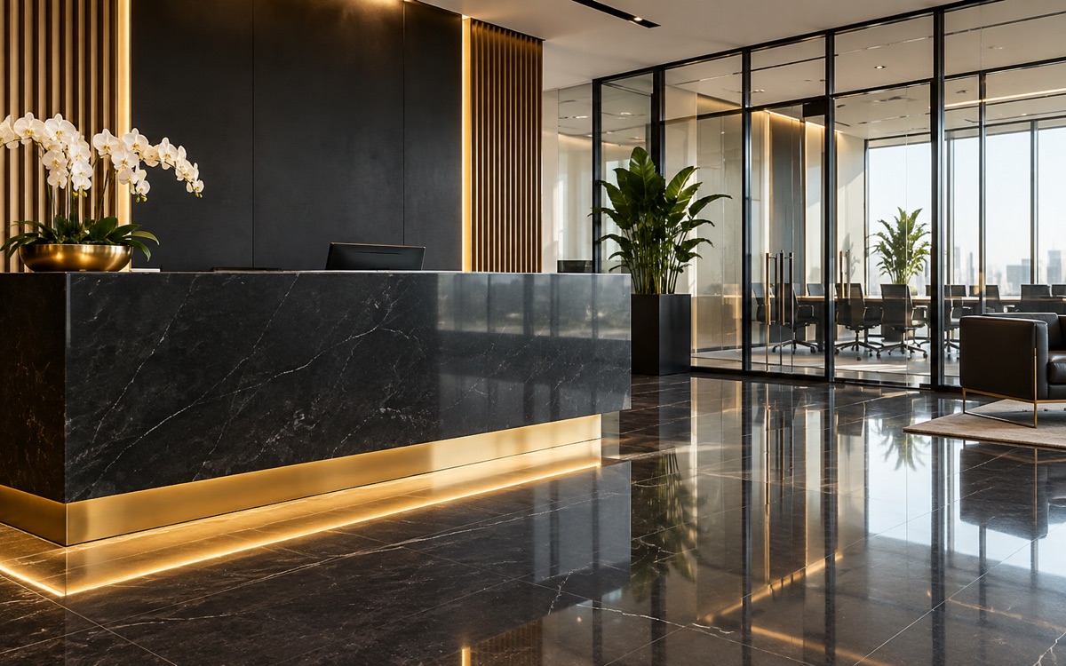 Spotless commercial reception desk beside a polished dark floor