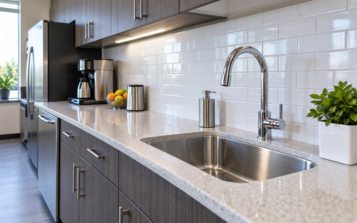 Spotless commercial breakroom counters, sink and cabinet fronts