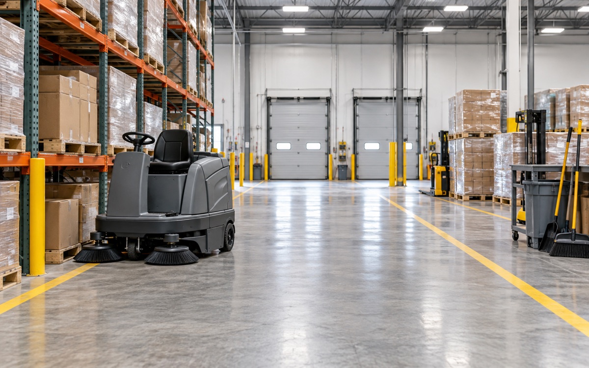 Clean warehouse loading aisle with compact industrial floor equipment