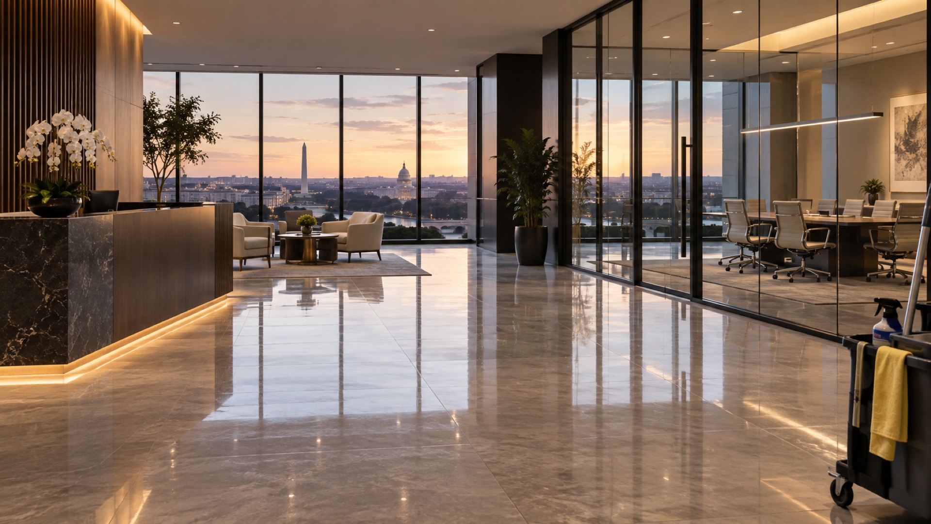 Freshly cleaned commercial reception and conference area with polished floors and clear glass