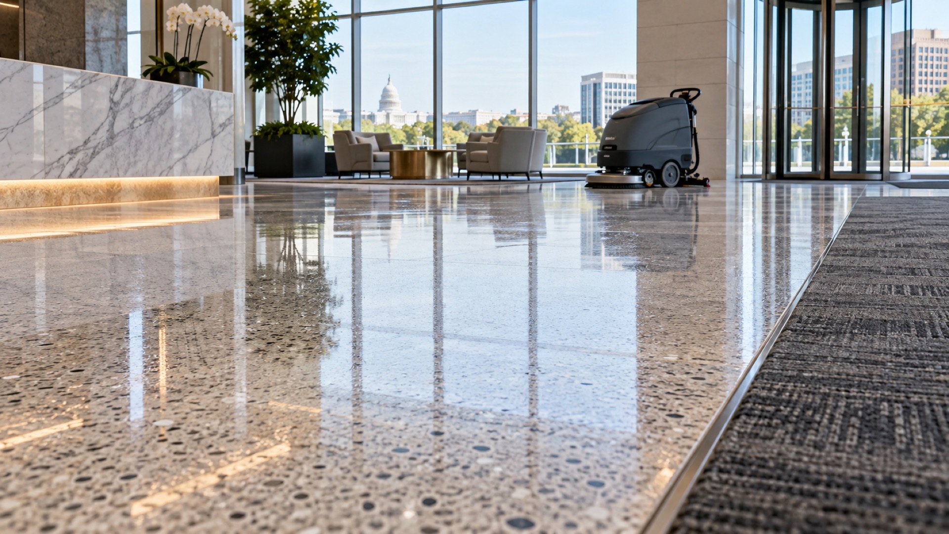 Freshly machine-cleaned terrazzo and carpet in an upscale commercial lobby