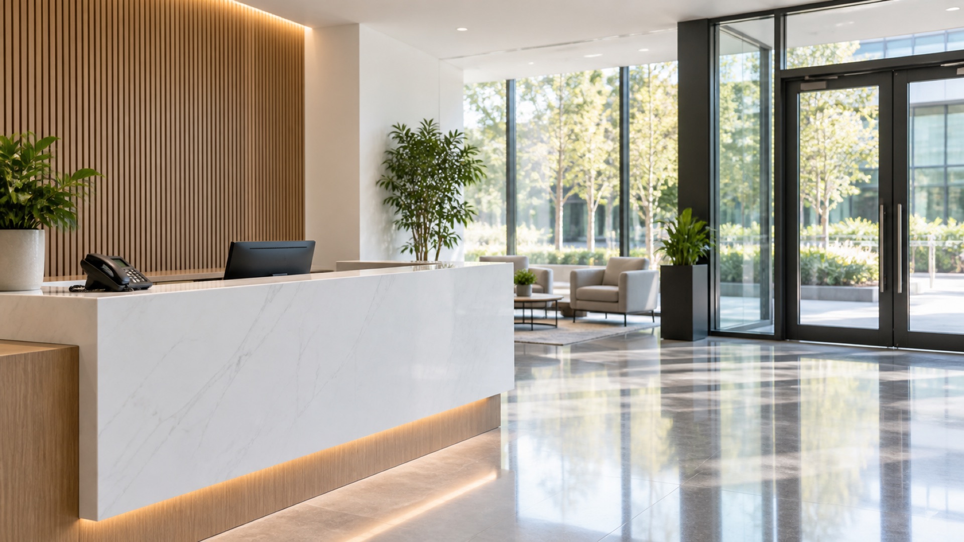 Professional commercial cleaning coordinator reviewing a facility plan in a modern office