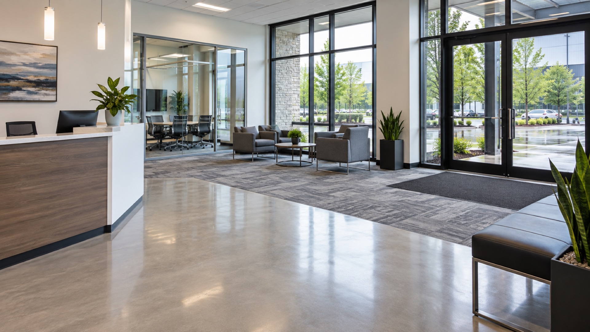 Clean Maryland suburban office and warehouse business park after rain