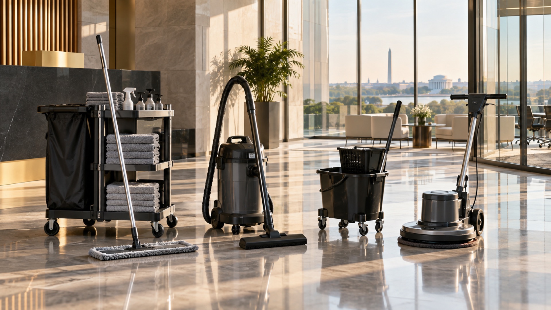 Commercial cleaning cart prepared in a polished office corridor