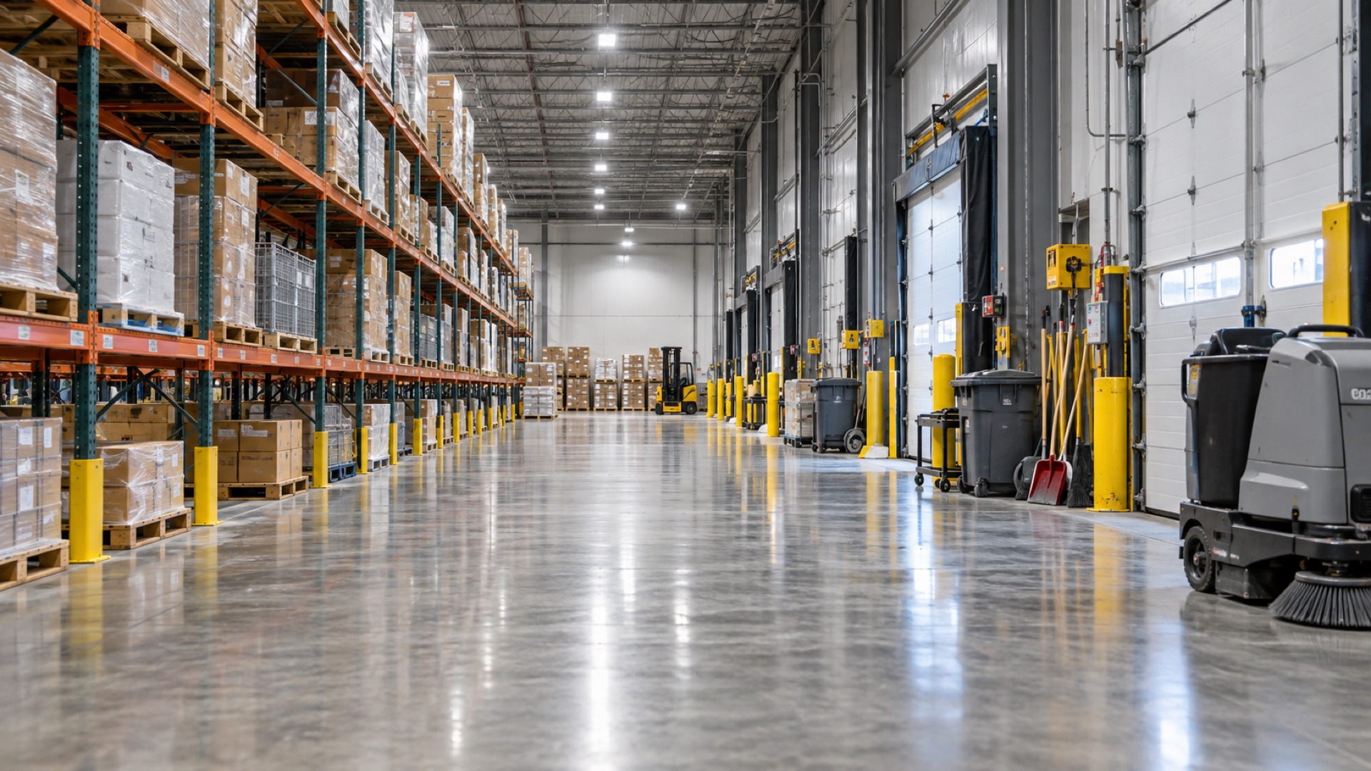 Orderly clean warehouse aisle with an industrial sweeper and unlabeled pallets
