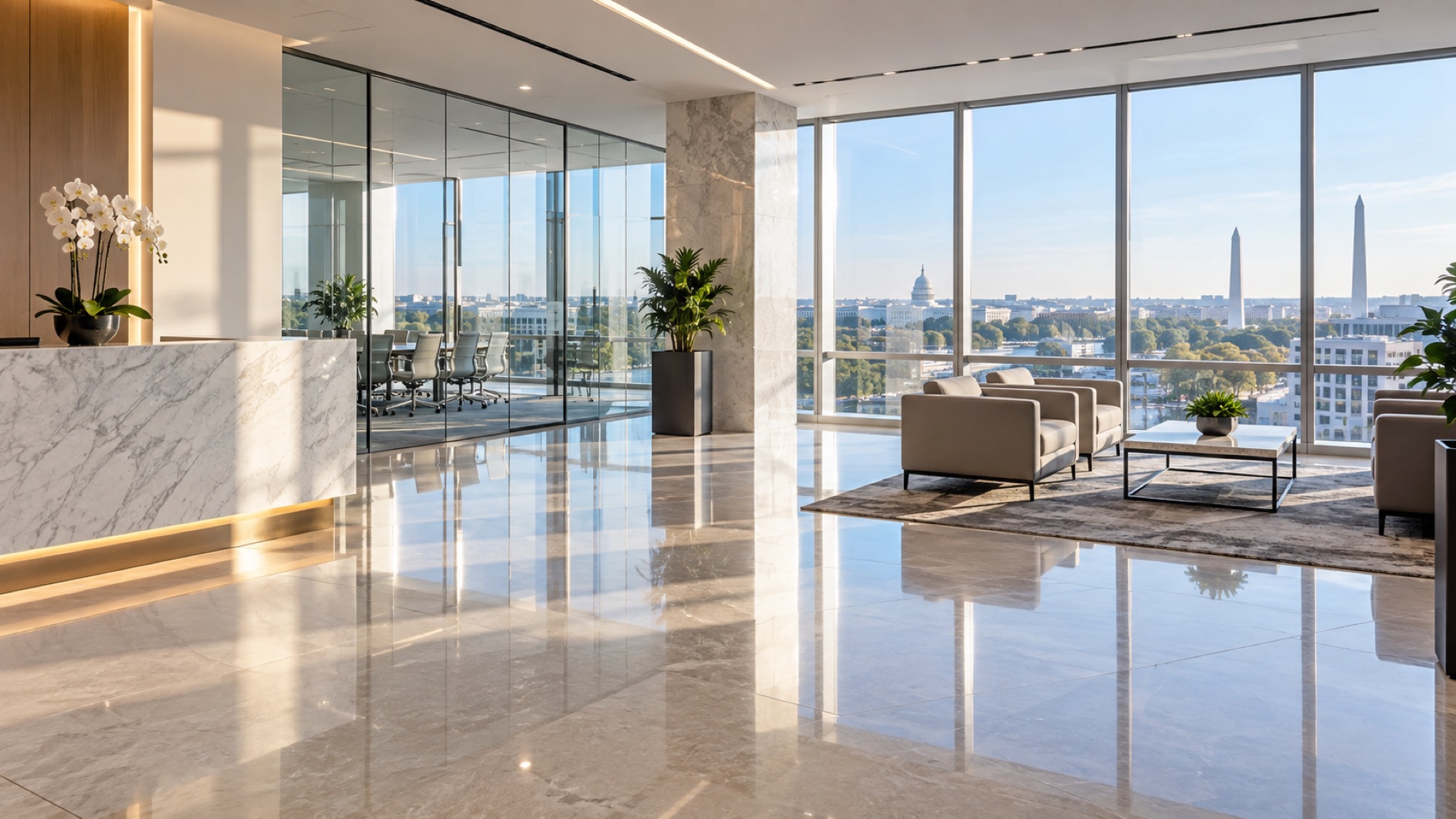 Polished commercial office lobby with a subtle Washington city view