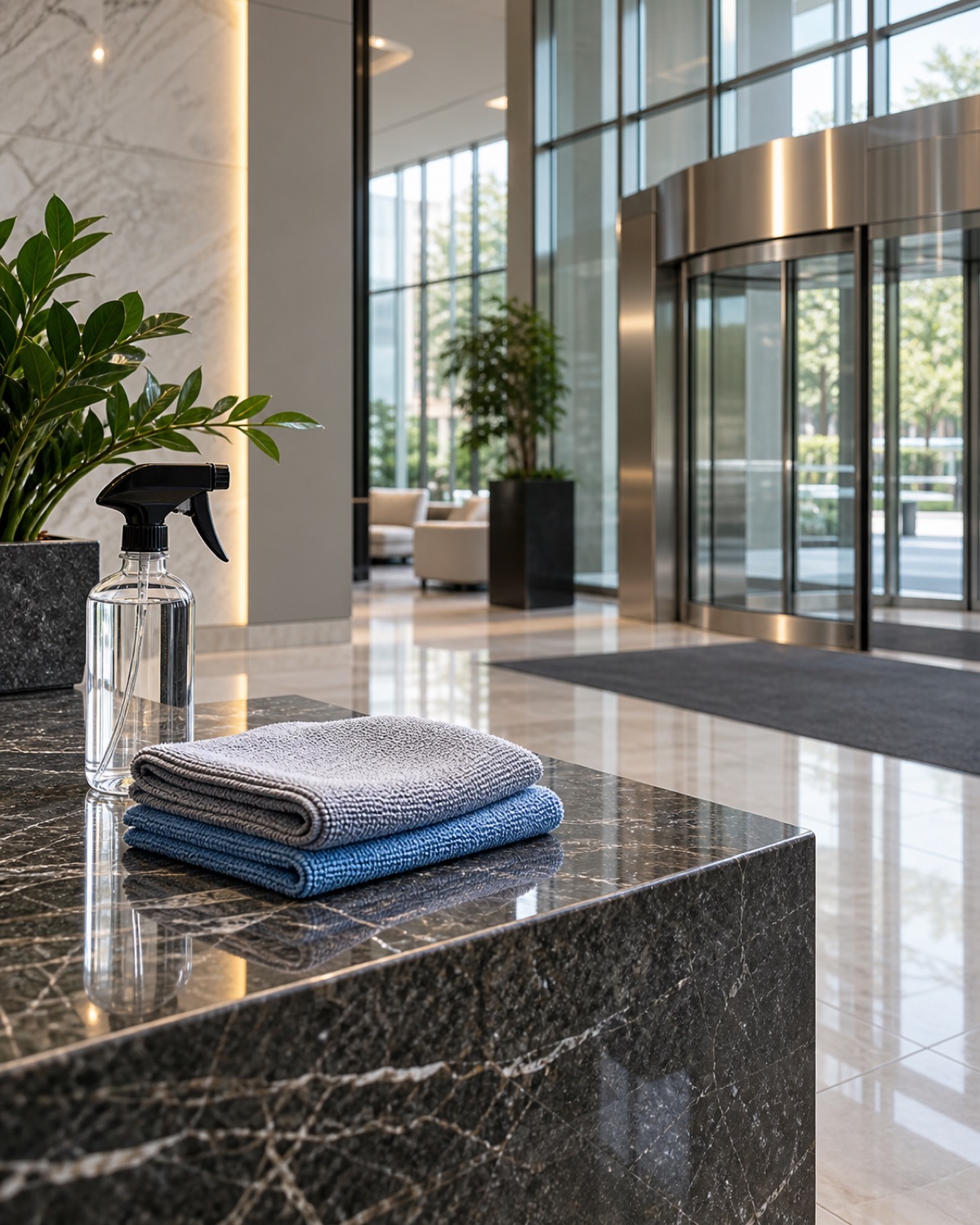 Clean glass, brushed metal and stone surfaces with professional microfiber tools