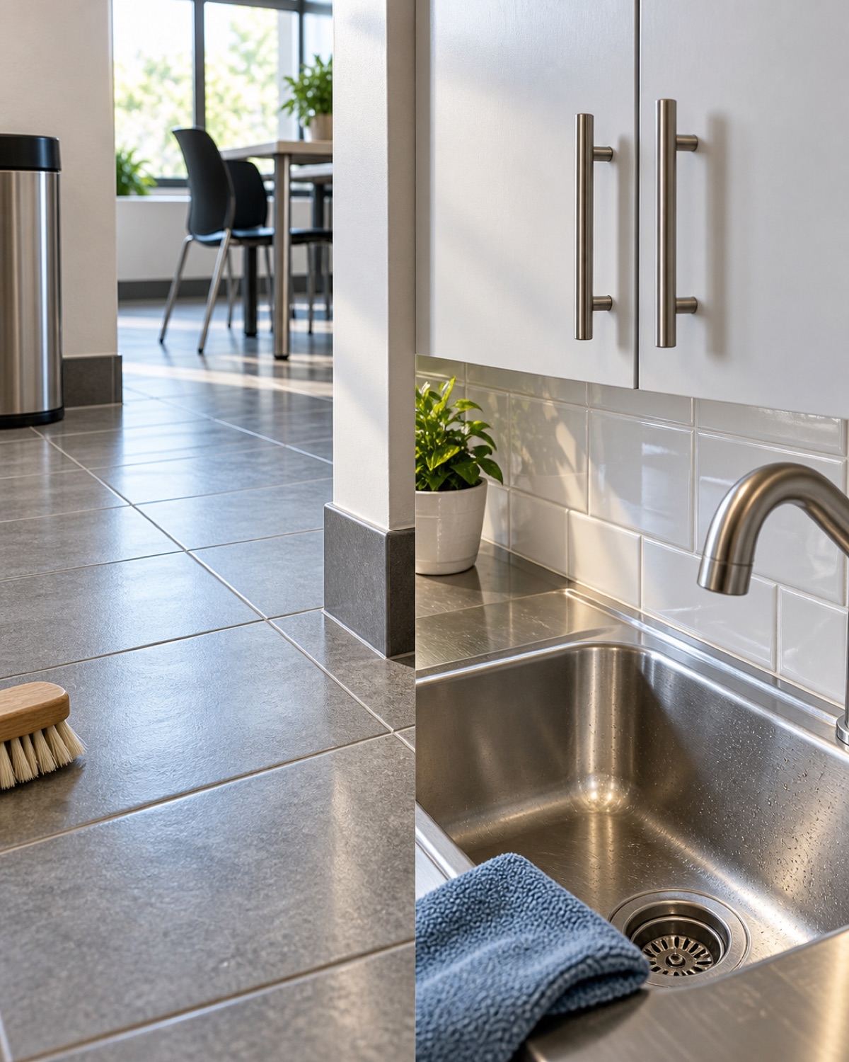 Freshly cleaned commercial grout, baseboards and stainless steel sink details