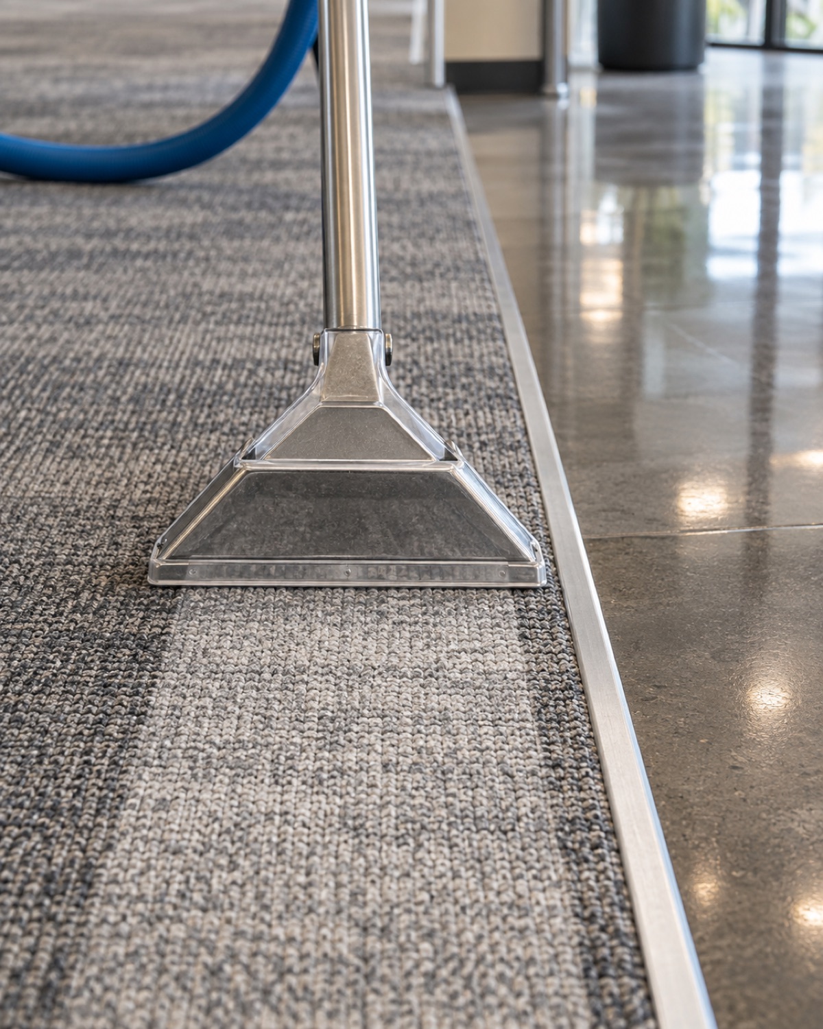 Commercial carpet extraction wand beside a polished hard-floor transition