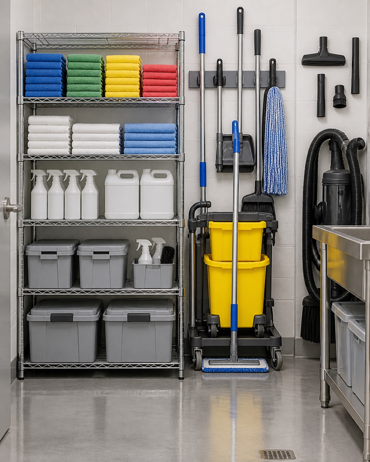 Color-separated microfiber tools and janitorial equipment arranged in a clean utility room