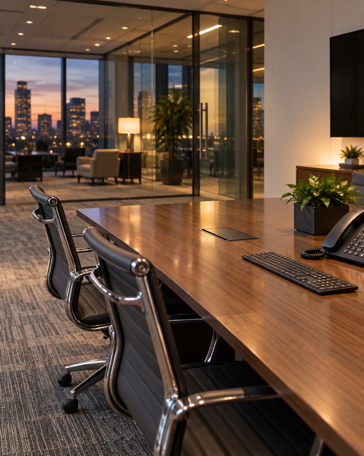 Dust-free office desk, keyboard and conference glass with no documents visible