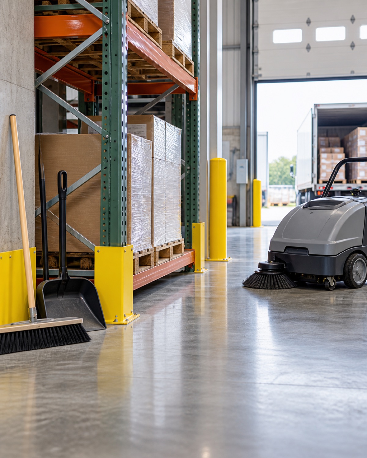 Clean warehouse loading-zone floor with dust-control tools and pallet racking