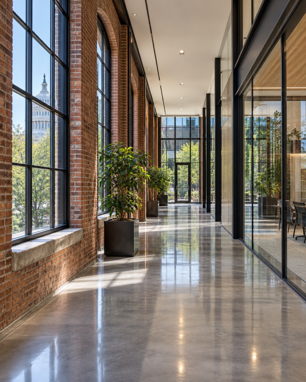 Cleaner preparing an upscale downtown office lobby in Washington DC