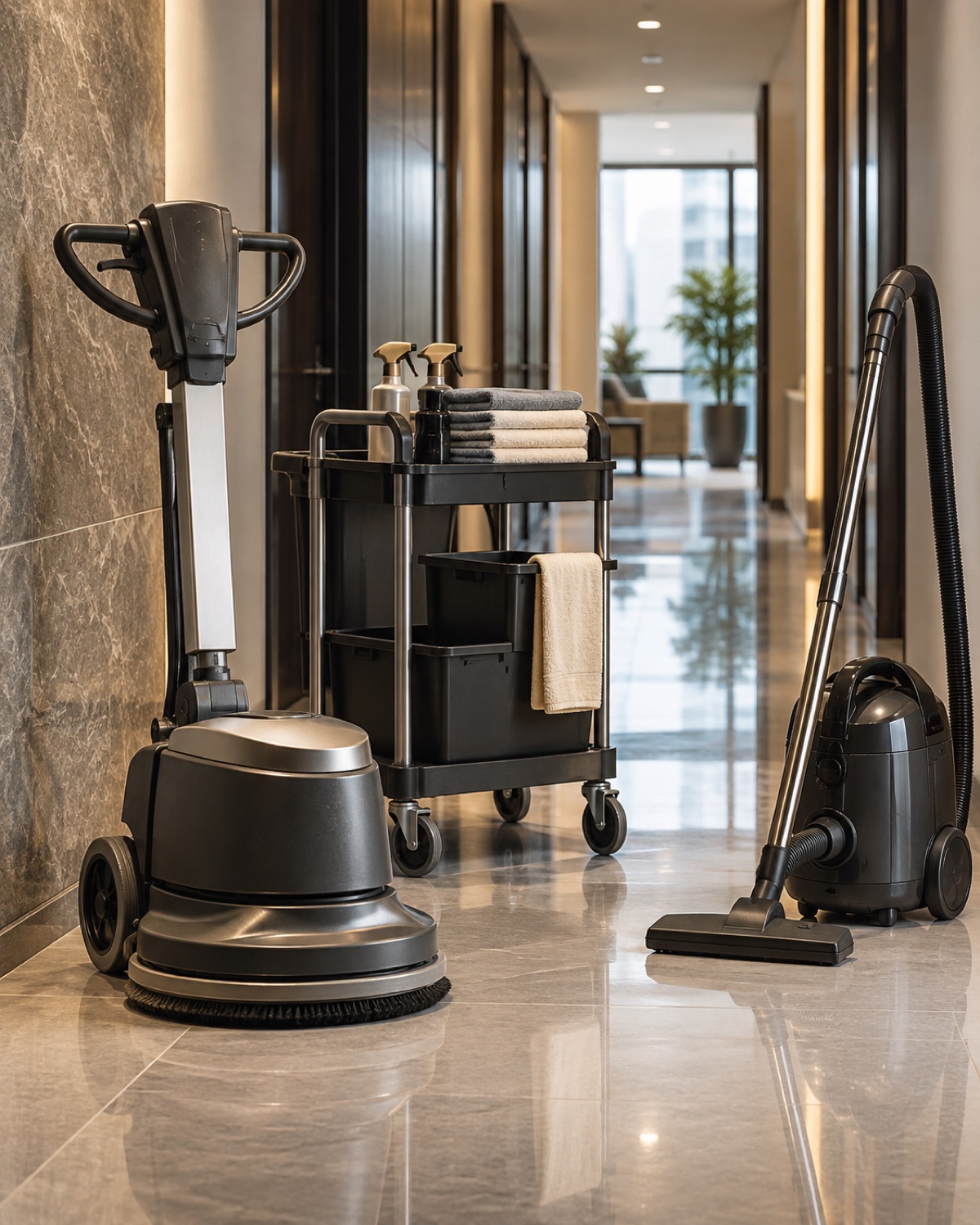 Professional cleaning supplies organized beside an immaculate office interior